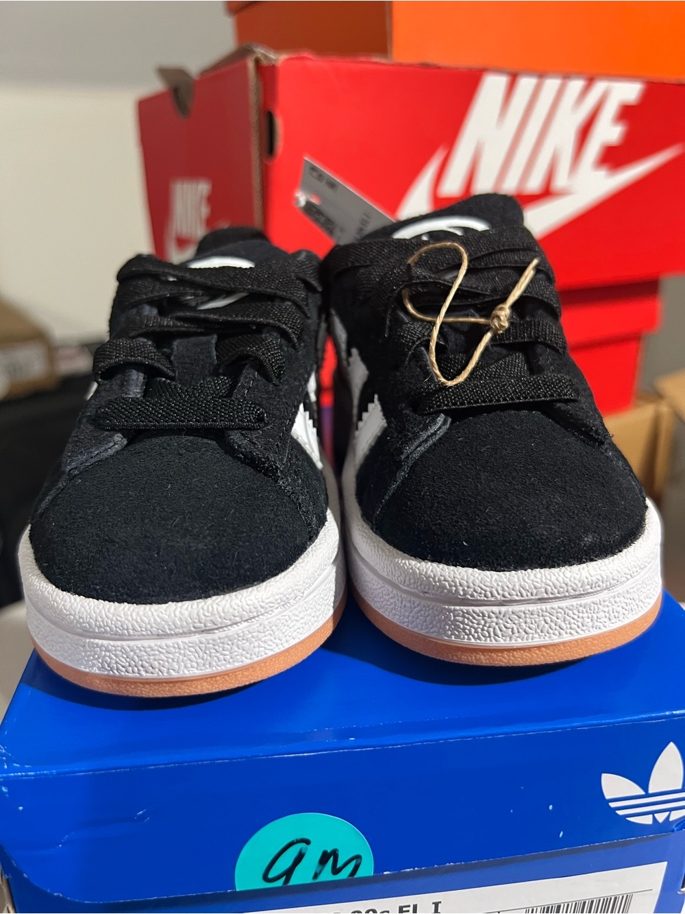 adidas Kids Black Suede Sneakers with White Stripes and Gum Sole